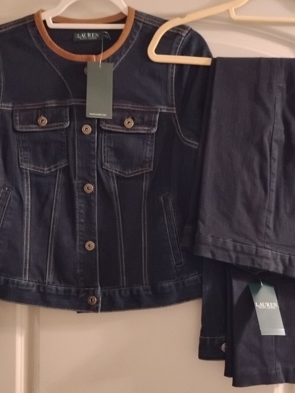 Lauren Ralph Lauren Navy Denim Jacket and Pants Set with Brown Trim